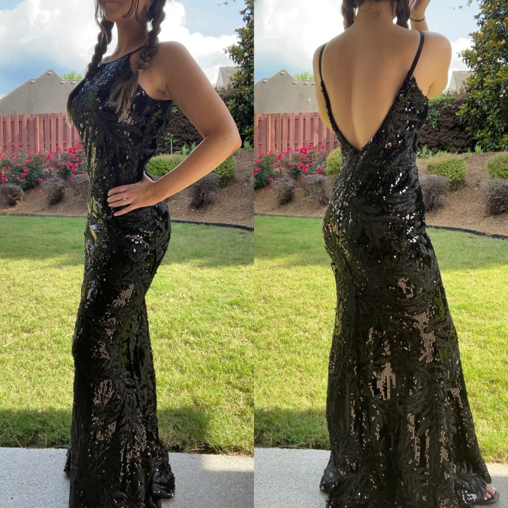 Black Sequin Halter Formal Dress